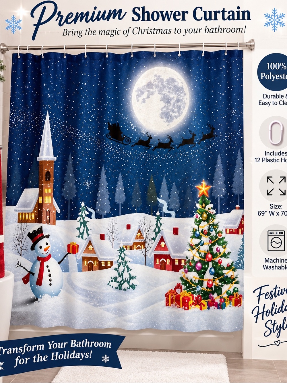 Festive Blue Holiday Village Shower Curtain with Snowman and Christmas Tree